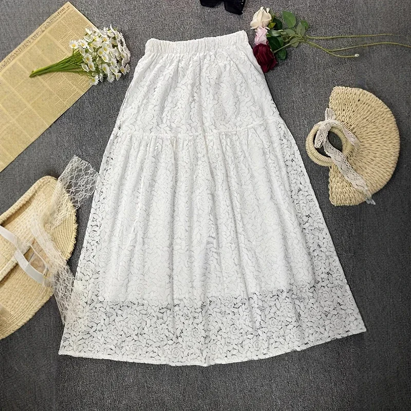 Office Lady Elegant Emboridery Lace Skirts Women Sexy High Waist Pocket A-Line Long Skirt Summer Jacquard Crochet Vacation Skirt