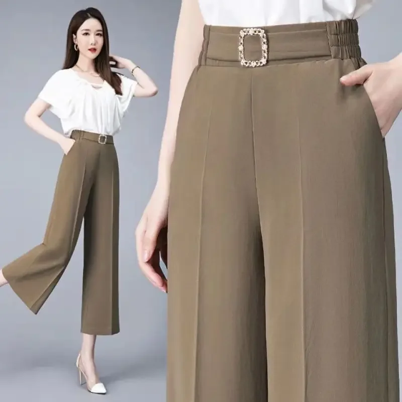 Fashion Ice Silk Wide Leg Trousers Womens Clothing Summer Thin Sagging Casual High Waist Loose Horn Vintage Cropped Pants