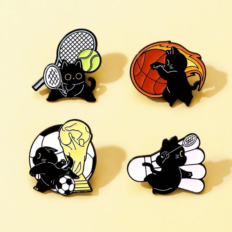 Cartoon Sports Cat Brooch Cute Black Cat Badminton Tennis Football Basketball Shape Oil Drop Zinc Alloy Pin Badge DIY Clothing