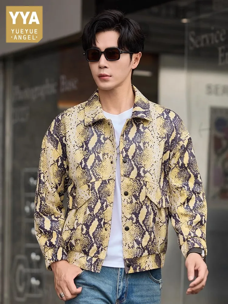 

Мужская куртка высокого качества из натуральной кожи, однобортная куртка с отложным воротником и змеиным узором, короткое пальто из натуральной овчины