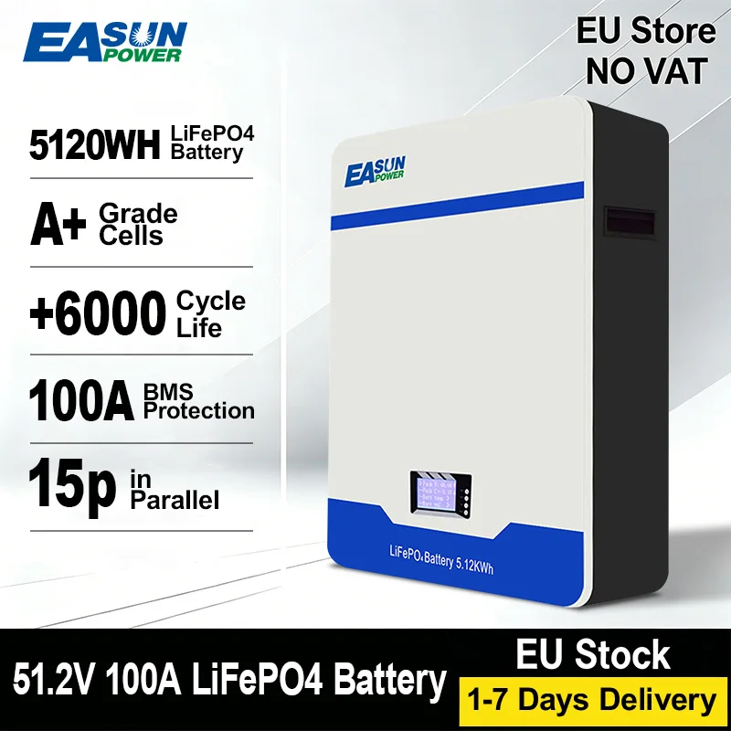 Image of EASUN Lifepo4 51,2 V 100 Ah 48 V 16 S 5120 Wh Lithium-Eisenphosphat Powerwall Batterie Energie zurück parallel 15 P 6000+ Zyklus BMS Solar