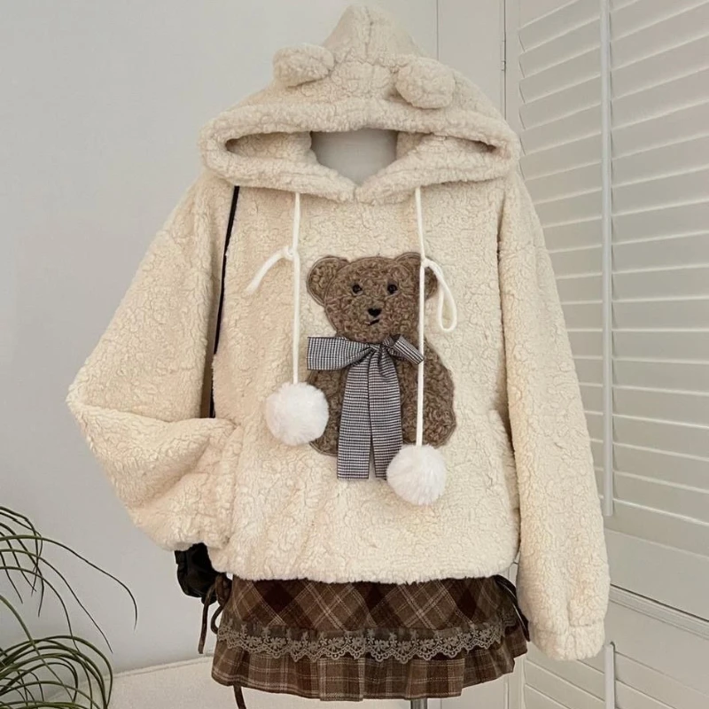 Japanese Winter Kawaii Lolita Style Skirt Sets Women Thickened Bow Cartoon Bear Hooded Sweatshirt Plaid Mini Cake Skirt Y2k Suit