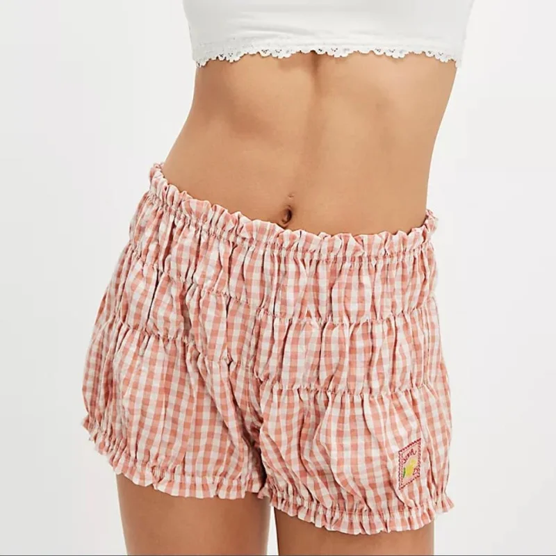 Y2k ブルマーショーツ女性用スモックフリルチェック柄ボトムスローライズラウンジショーツボトムチェック柄ミニボクサーショーツ