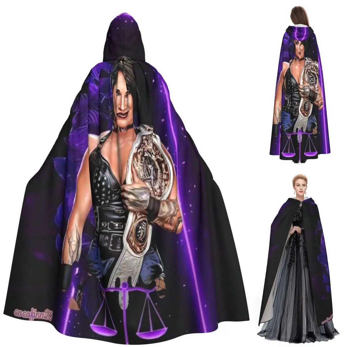 She Is My Mami Rhea Ripley Bootleg Wrestler Long Hooded Cloak Witch Medieval Costume Cosplay Cape HalloweenCoat Adult Unisex - view 3