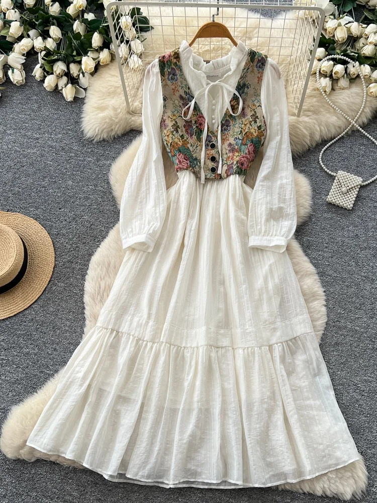 

Floral Print Vest And Dress Two-Piece Set Women's Commute Fashion Slimming Spring Autumn Set Casual Workwear High Waist