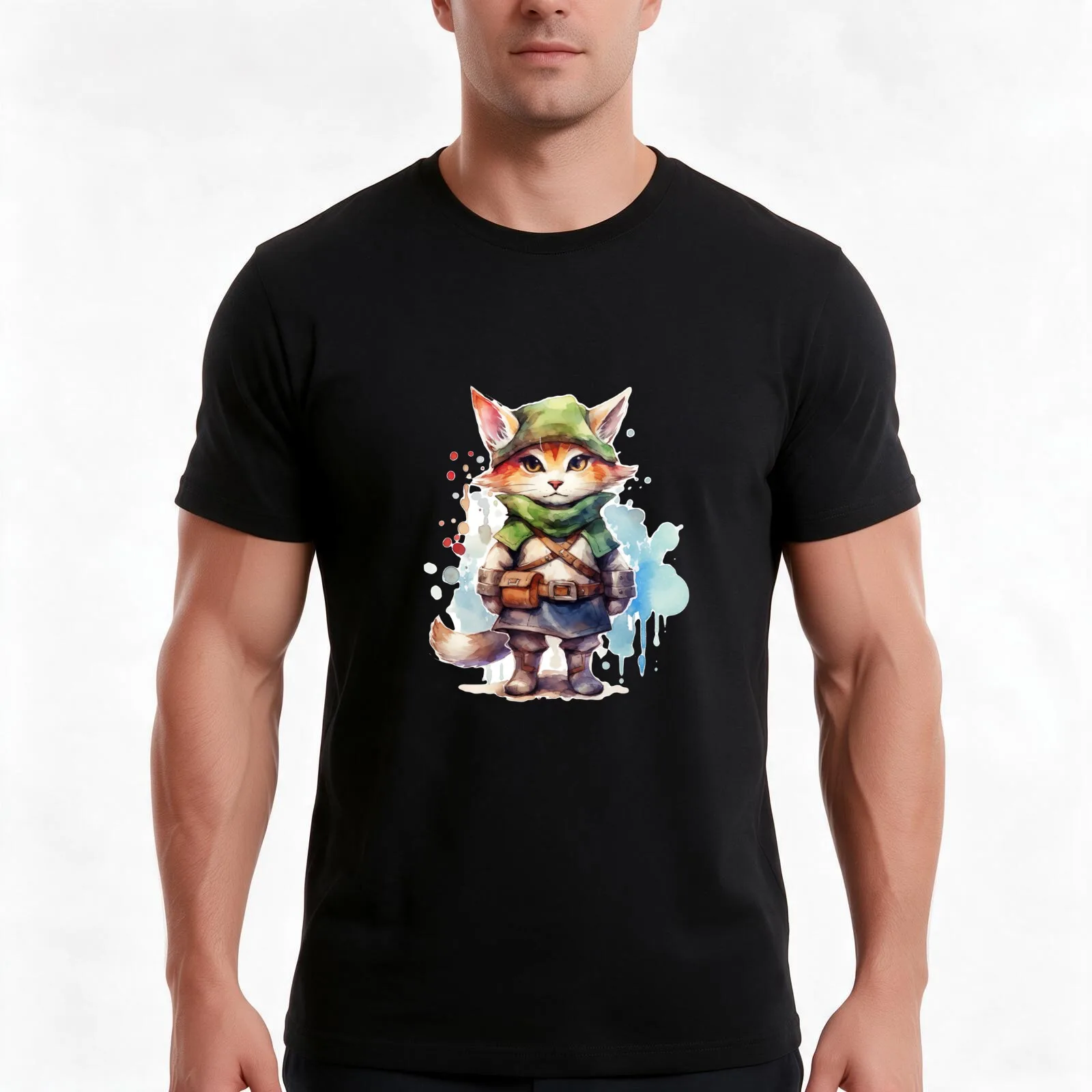 Hylian Cat Sticker T-Shirt, Summer Casual Cotton Tee, Oversized Streetwear Tops, Vintage Graphic Print, Loose Fit Short Sleeve