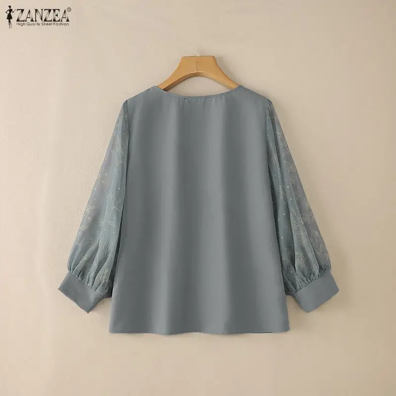 ZANZEA Bluzki damskie z szyfonu w kwiatowy wzór, z rękawami typu lampion, patchworkowe, codzienne bluzki z dekoltem w łódkę, wiosenno-letnie ubrania damskie, bluzki