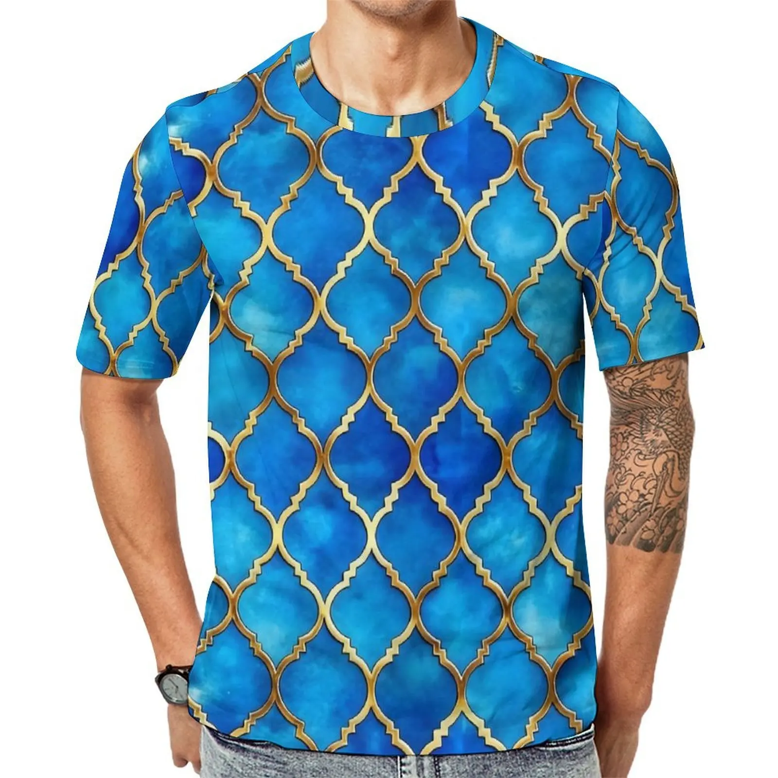 Bright Blue Gold Moroccan Tile T Shirt For Men Graphic O Neck T-Shirts Summer Vintage  Clothes Short Sleeve Big Size Tee Shirt