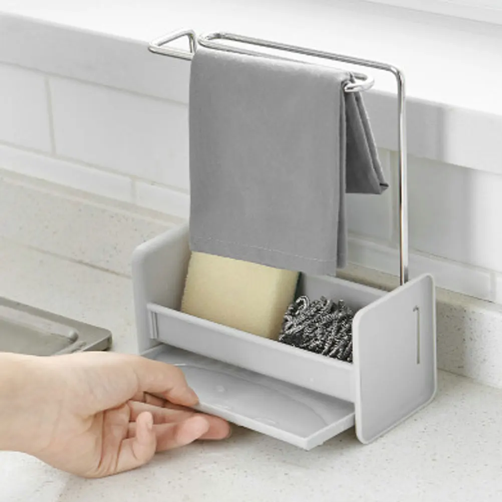 

Stainless Steel Towel Rack Desktop Draining Sponge Shelf Kitchen Towel Holder for Household Supplies Grey