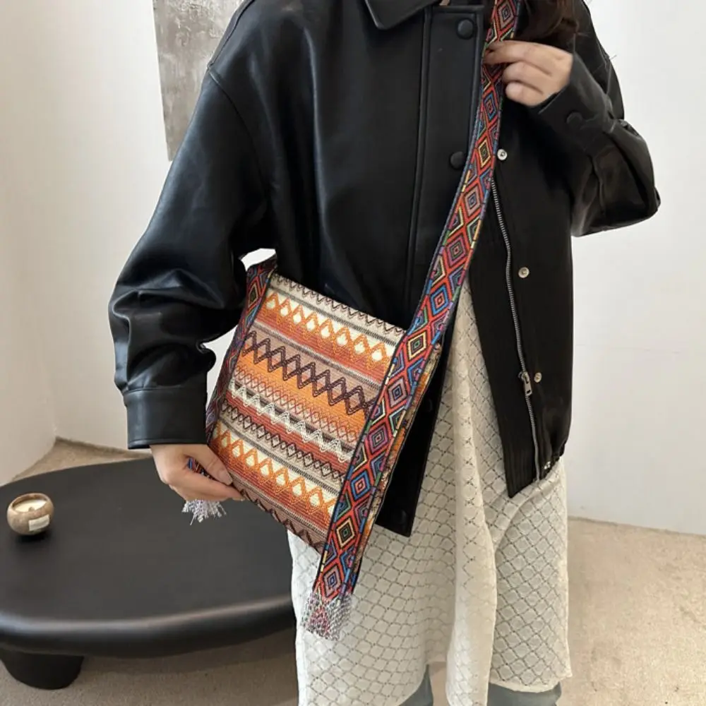 شرابة العرقية نمط حقائب كروسبودي حقيبة من القماش سعة كبيرة هامش حقيبة كتف هندسية حقيبة ساعي حقيبة كتف بوهيمية #3