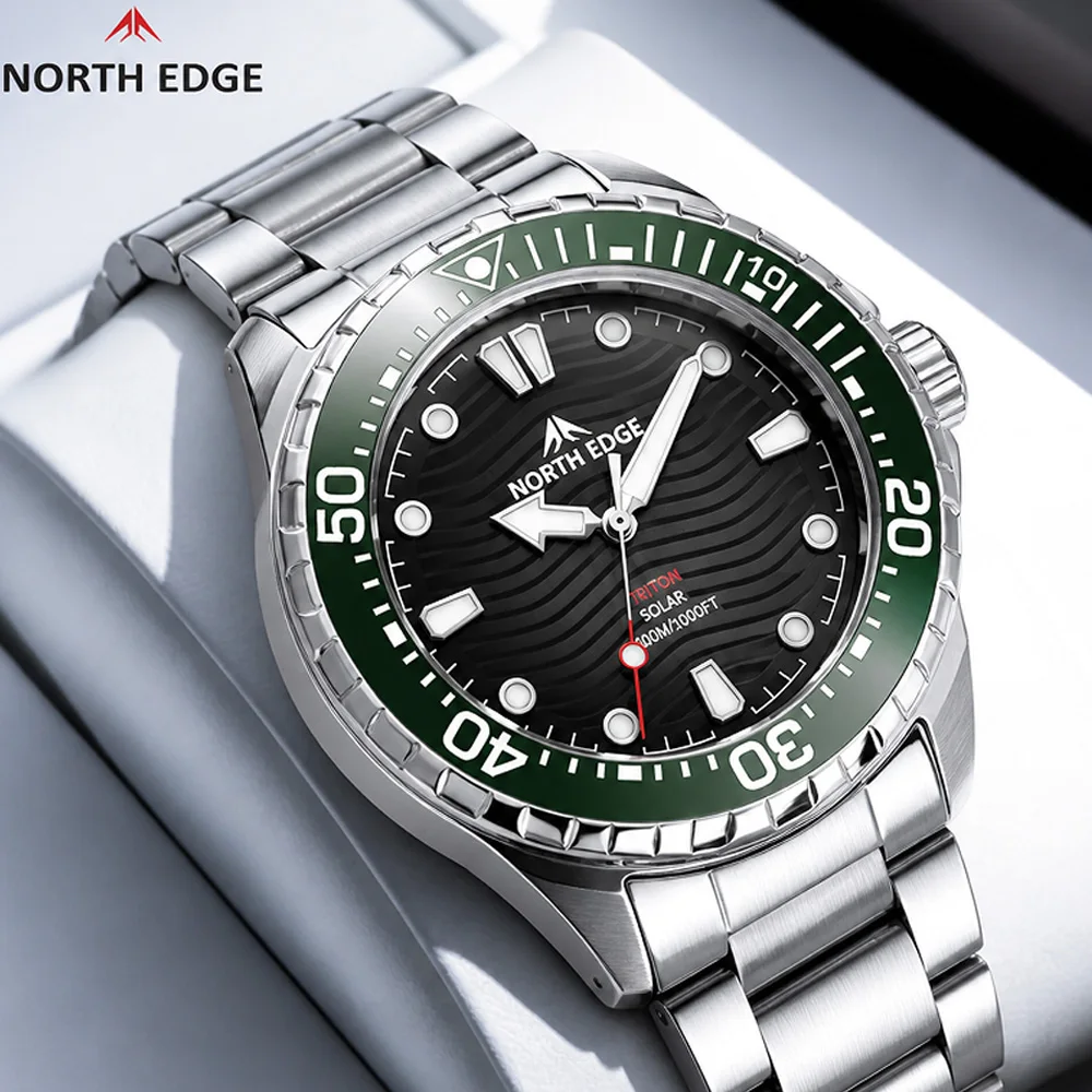 NORTH EDGE TRITON Montre de luxe pour homme à quartz solaire, étanche 300M, lumineuse, bracelet en silicone, montre de plongée, montre de sport d'extérieur, NOUVEAU