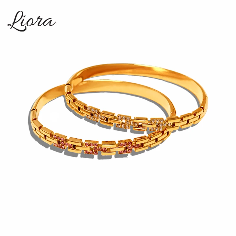 

Liora Exquisite Pink White Zircon Bangle For Women Stainless Steel Wrist Resistant Gold Plated Women Bracelet Wedding Jewelry