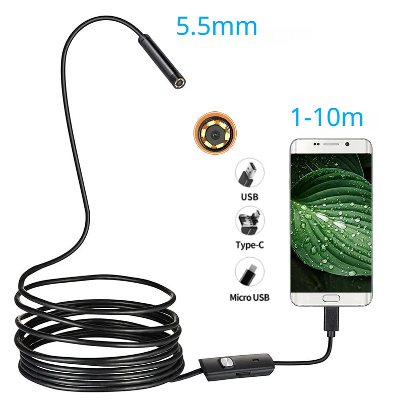 Adjustable Soft Wire 5.5MM Android Endoscope 3 In 1 USB/Micro USB/Type-C Borescope Inspection Camera Waterproof for Smartphone