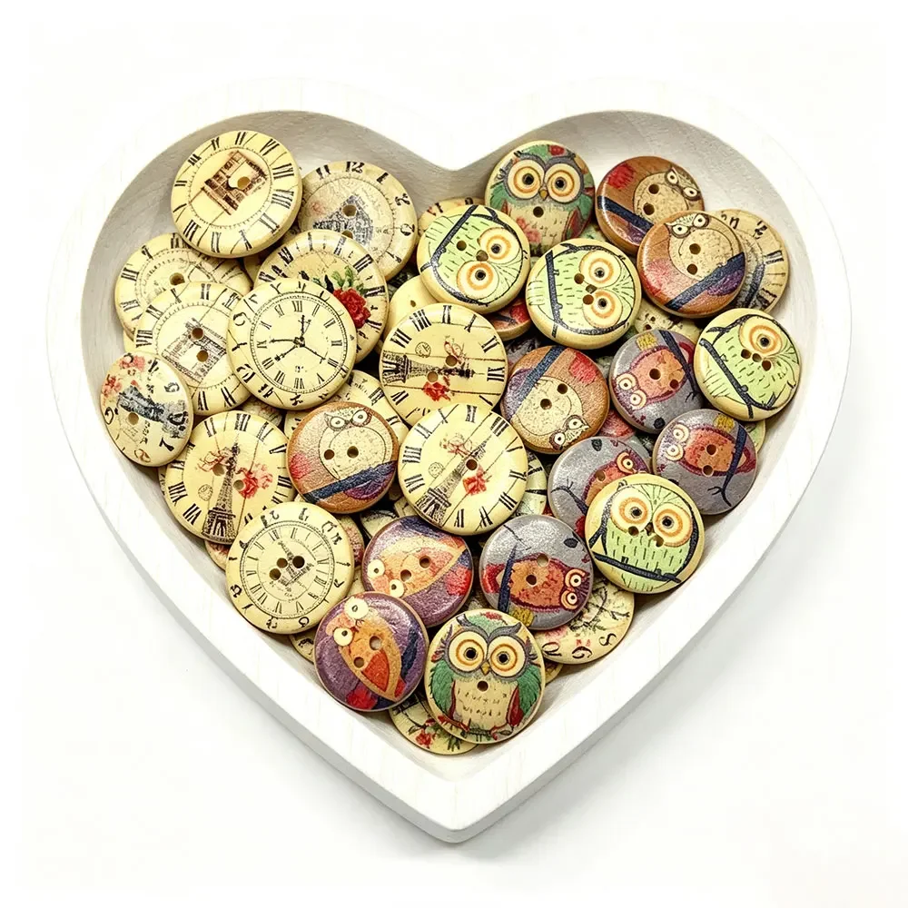 100PCS 30mm Retro Clock Building Clock Mixed Round Wood Buttons Handmade Sewing Scrapbook Clothing Crafts Gift Card DIY Decor