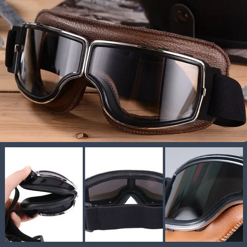 Motocicleta vintage capacete óculos, óculos dobráveis, scooter ATV e esqui óculos, óculos, lente de couro 4 cores, 3