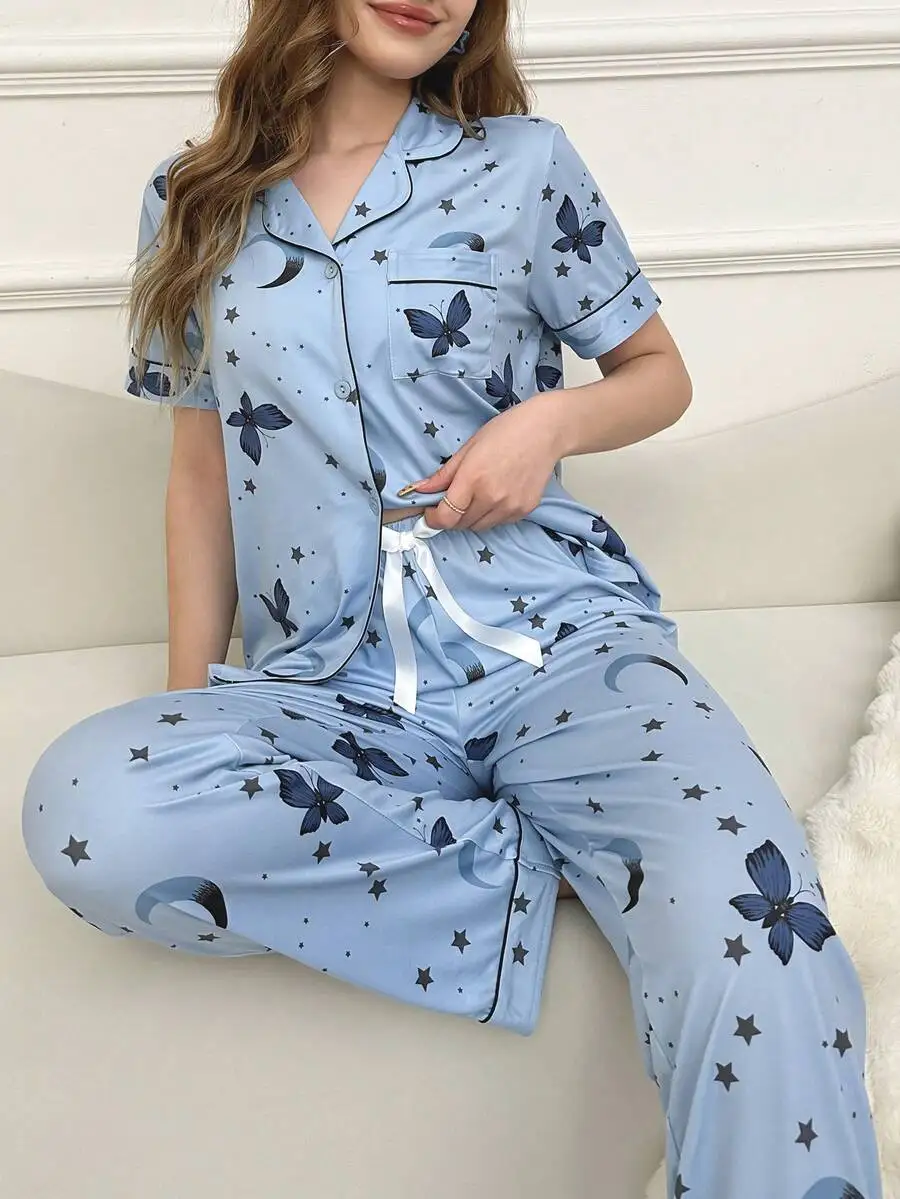 

Light Blue Butterfly Moon Star Print Lapel Collar Women's Pajama Set