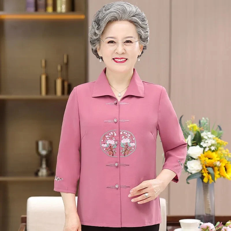 Fashion Summer Dress Grandma's Cropped Sleeve Shirt The Old Lady's Loose Embroidery Temperament Casual Blouse Female Tide.