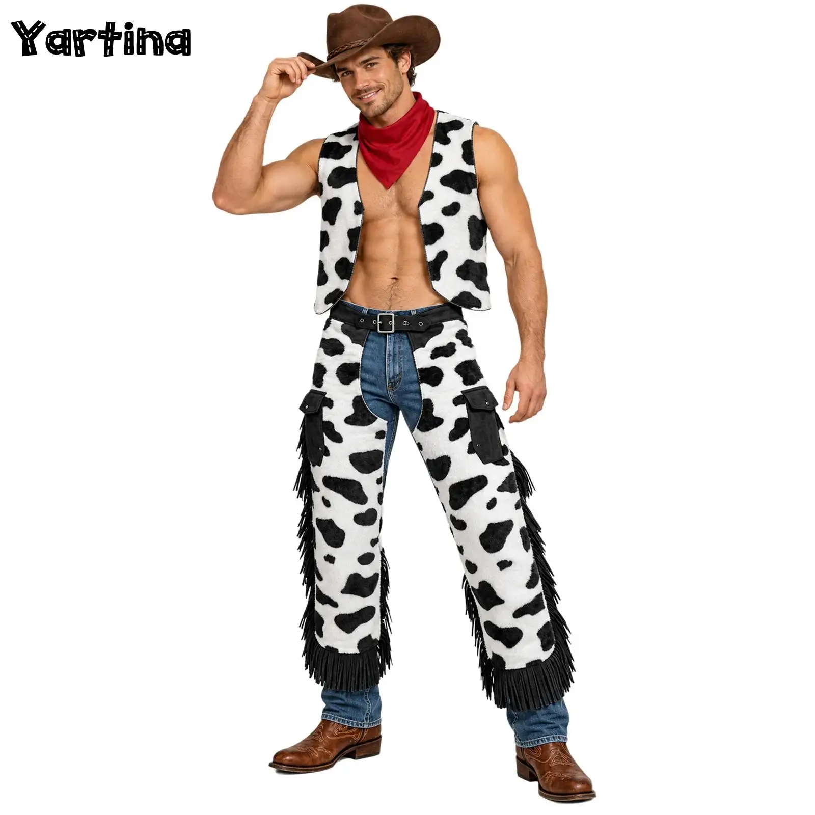 Disfraz de vaquero con estampado de piel de vaca para Halloween, chaleco sin mangas, chaps vaqueros con flecos y bandana roja para fiestas temáticas de vaqueros y cosplay.