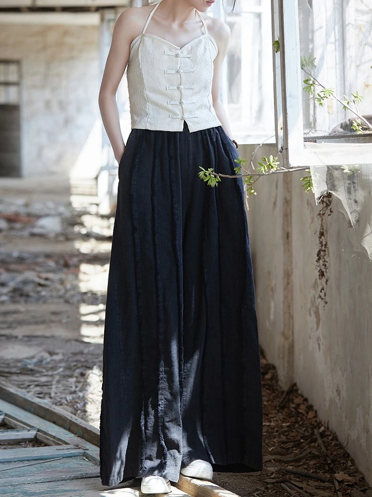 Spring Autumn Cotton Linen Women's Clothing Patchwork Wide-leg Pants Vintage Harajuku Trousers Elastic High-waisted Black Pants