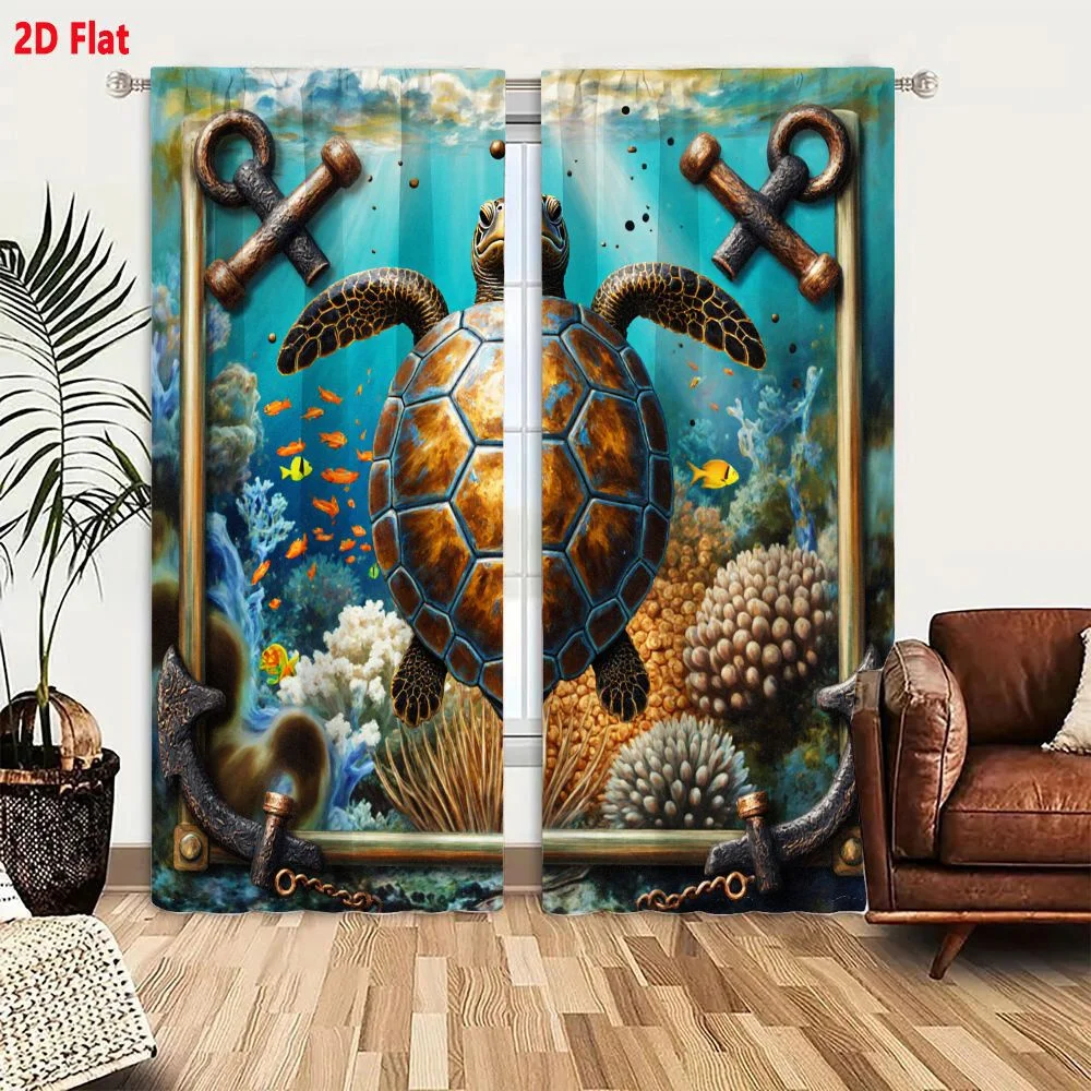 2Pcs Curtains 2D Flat Artistic Underwater Scene With Large Sea Turtle Colorful Fish Coral And Aquatic Plants Decorated By Wooden