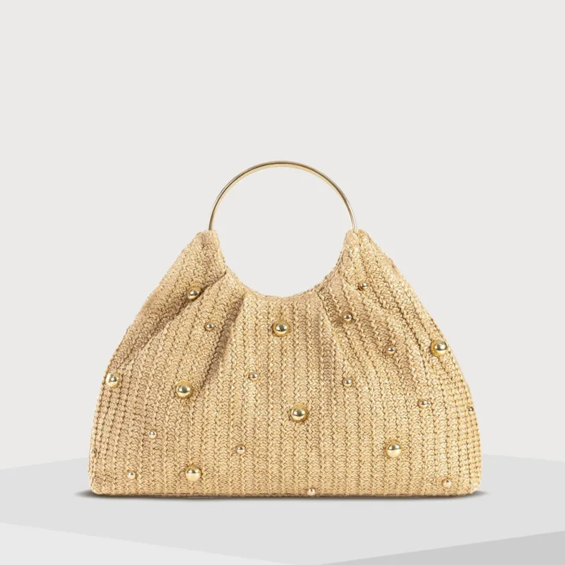 

Beaded Crochet Hobo Bag For Women's Fashion Elegant Leisure Straw Woven Bag Cylindrical Shell Bag Versatile Vacation Handbag