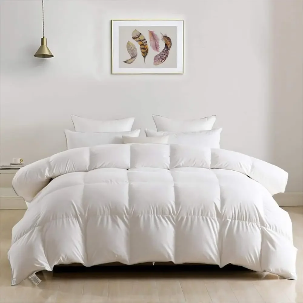 Down Feather Fibers Comforter Full/Queen, Hotel-Style Fluffy Duvet Insert, Ultra-Soft Cotton Blend Fabric, High Fill Power