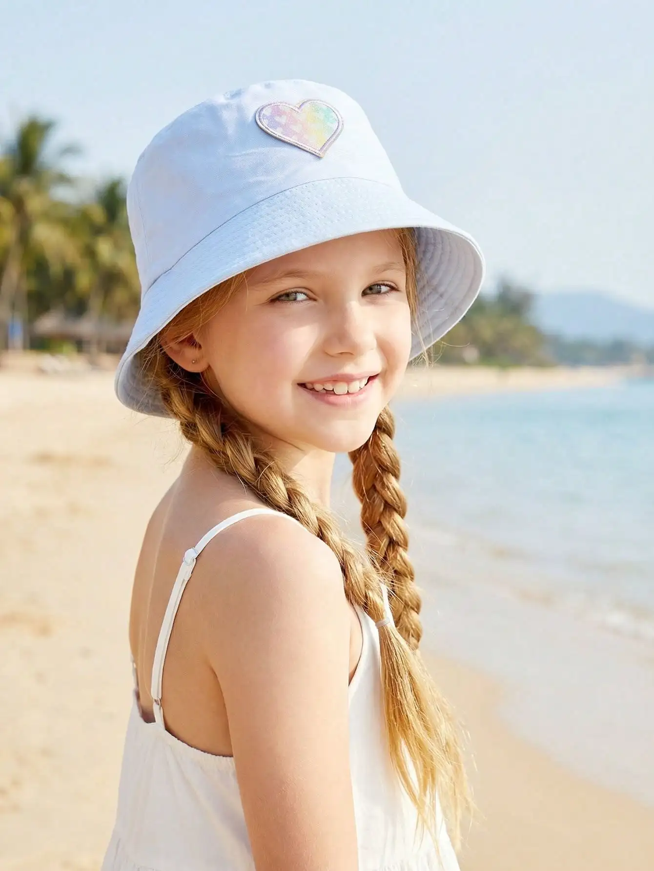 1Pc 5-10Y Girls Cute Heart Fisherman Hat Adjustable Chin Strap Foldable Washable Summer Sun Hat For Beach Outdoor