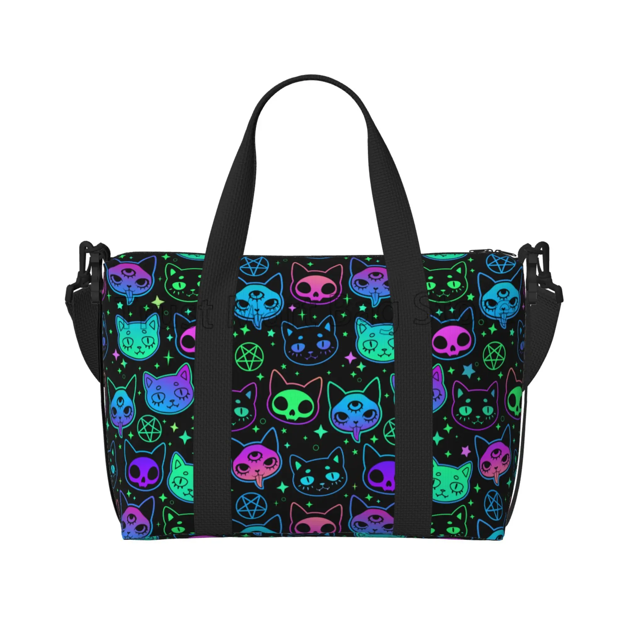 Bolsa de lona de viaje con dibujos animados de gato brujería brillante, personalizada, impermeable, bolsa de noche para deportes, gimnasio, Yoga, bolsas colgantes