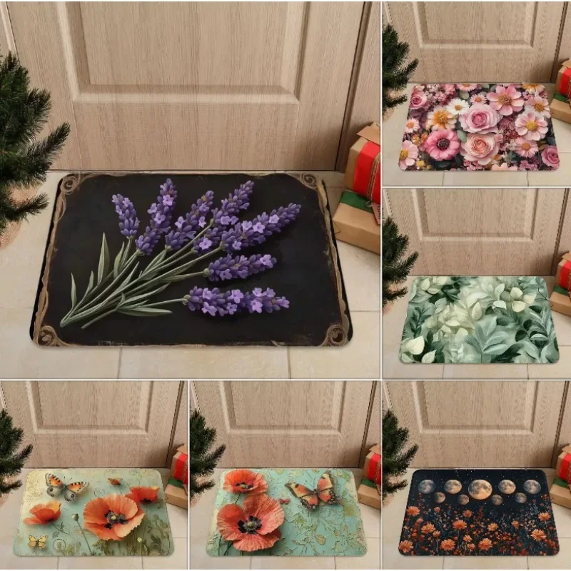 2D Floral Door Mat for Household Kitchen Bathroom Bathroom Floor Mat Resistant Dirt and Entrance Door Mat for Foyer Decoration