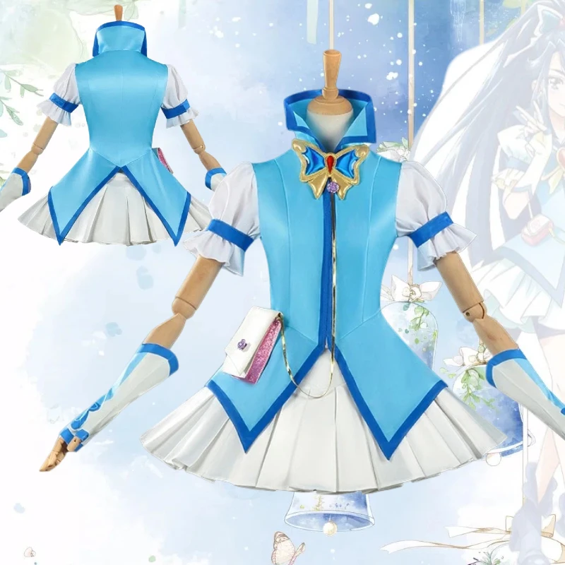 

Anime Minazuki Karen Cosplay Cure Aqua Costume Blue Top White Skirt Uniform Full Set Combat Suit Role Play Outfit for Women