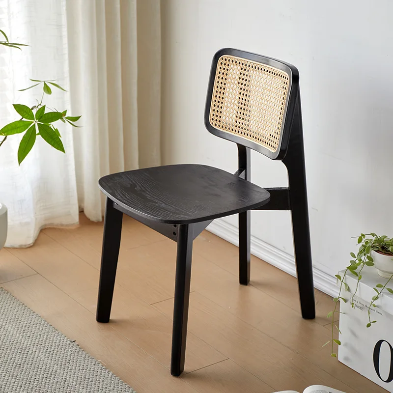 

Medium-old rattan dining chair, solid wood backrest chair designer high-end black wasabi wicker chair