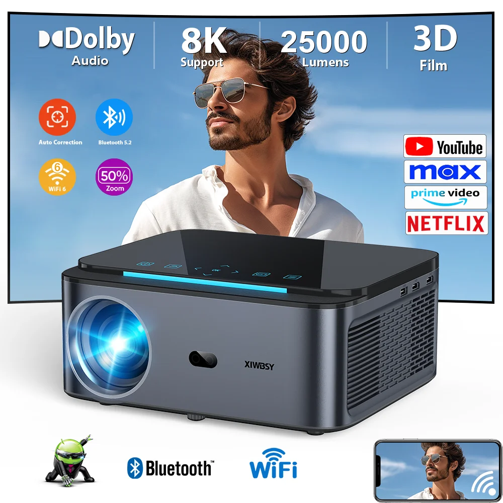 

XIWBSY Android 4k Projector 25000 Lumens Full HD Projector Wifi6 800ANSI Auto Focus Dolby Projector Home Cinema Movie projecteur