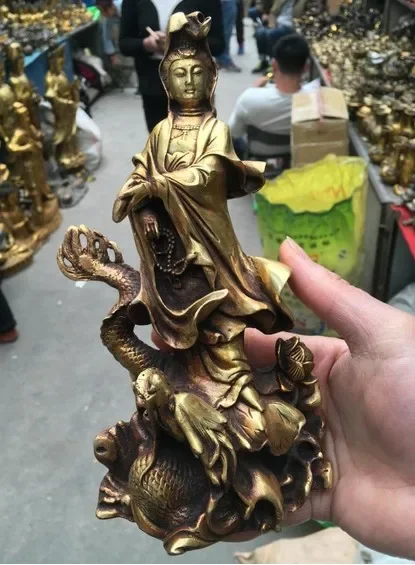 22cm Royal Chinese Bronze Gilt Dragon Kwan-Yin Quan Yin Guan Yin Goddess Statue