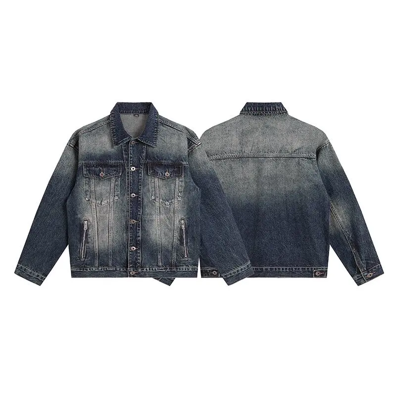 Vintage-Washed-Jeansjacke für Herren, Oversized-Jeansmantel mit Reißverschlusstaschen, Lässige Shacket-Oberbekleidung, Urban Streetwear – Detail 5