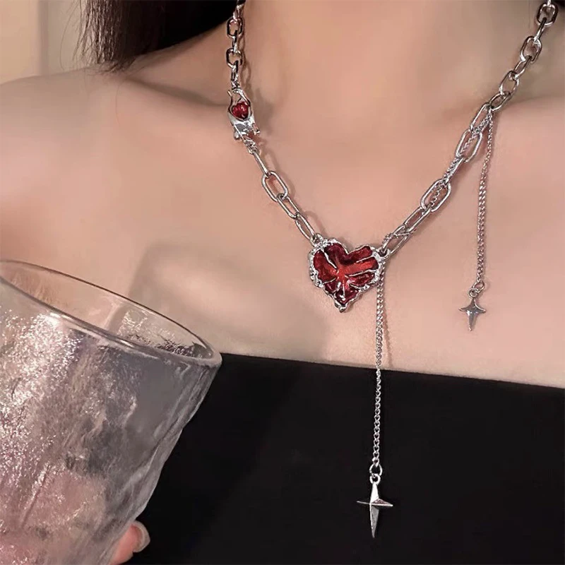 Y2K Dark Love Ghost Claw Chain Necklaces Gothic Irregular Red Heart Necklace Punk Grunge Aesthetic Egirl Branch Heart Necklace