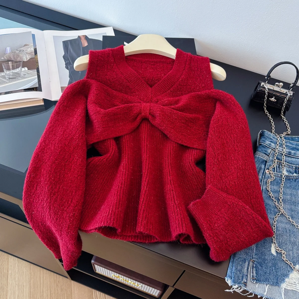 

Women's Christmas Red V-Neck Pullover Sweater Vintage Jumper Knit Long Sleeves Burgundy Cashmere Sweater For Women 2000s Clothes