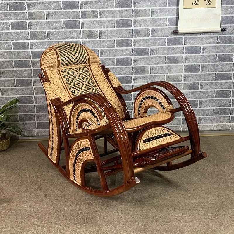 Elderly Balcony Red Rocking Chaise Lounge Adult Home Nap Rattan Garden Escape Chair