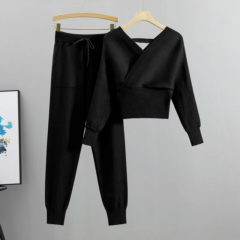 Elegant trainingspak sexy tweedelige set dames Koreaanse stijl geribbelde gebreide backless top en lange harembroek pak herfstoutfits y2k