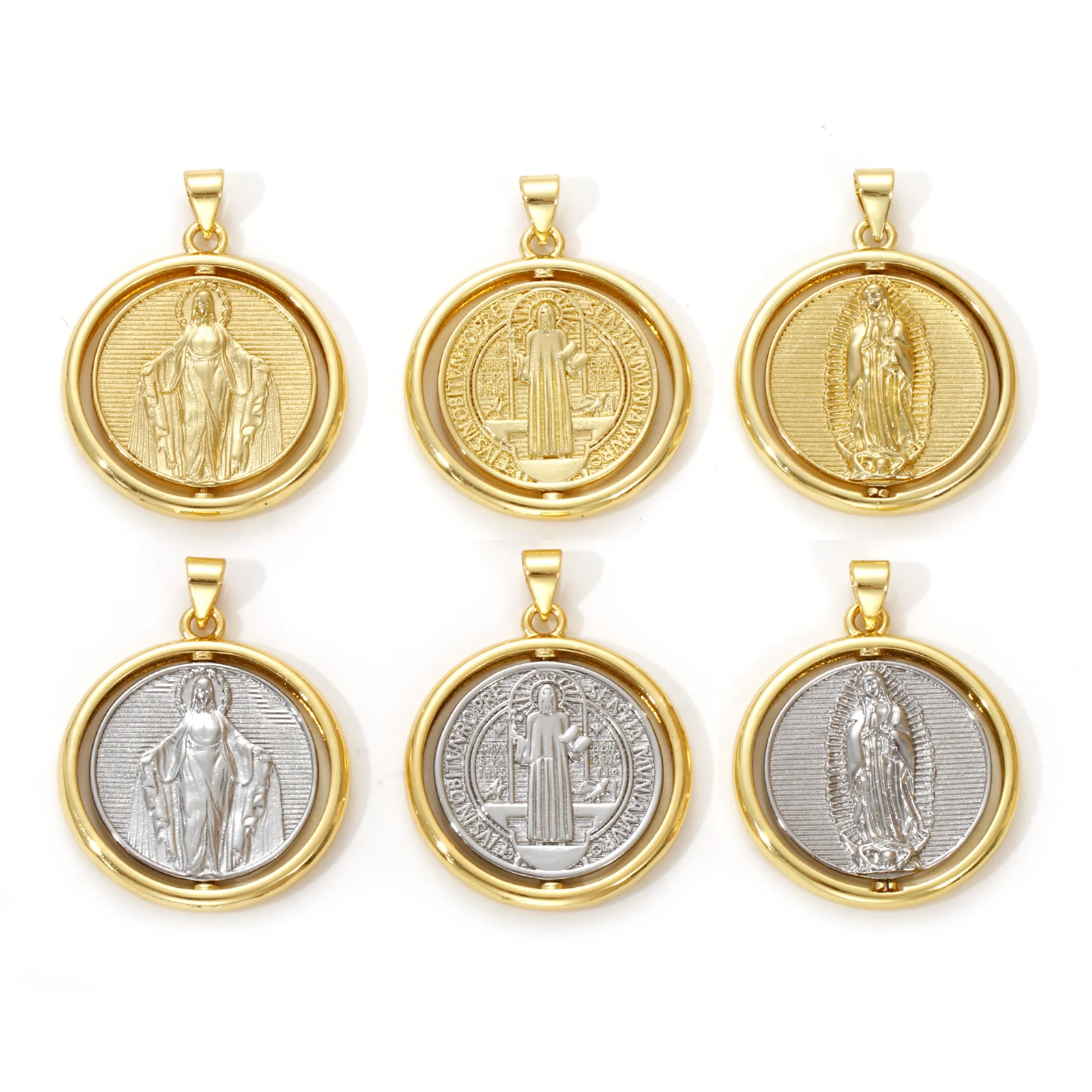 1 peça pingentes religiosos de latão banhado a ouro redondo medalha de São Bento pingente giratório para colar diy joias 3,2 cm x 2,5 cm
