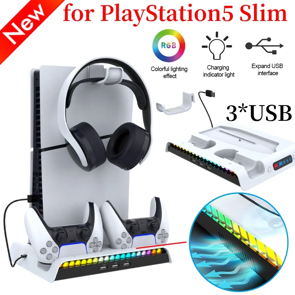 For PS5 Slim Digital / Disc Host Multifunctional Heat Dissipation Base Edition for PS5 Handle Dual Seat Charging Headphone Rack