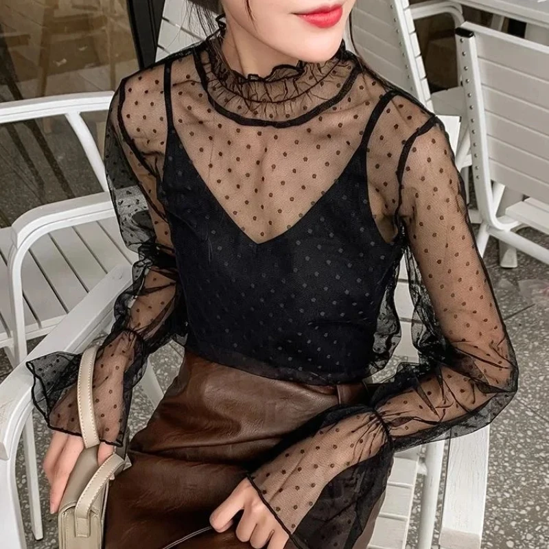 المرأة مثير شبكة انظر من خلال تي شيرت طويل جرس كم الجوف خارج بلوزة الصيف شفافة شير عالية الرقبة قاع الأساسية المحملة #3