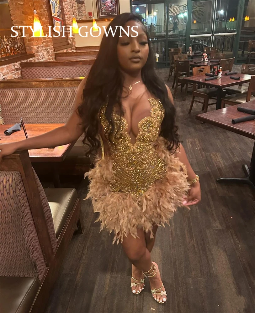 Gold Bead Crystal Short Prom Dresses Feather 2024 Birthday Luxury Dress O Neck Black Girl Party Gown Homecoming Customized