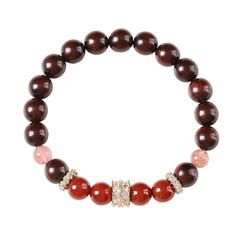 

8mm Red Sandalwood Bracelet for Women with Agate Accents Gold Plated Zircon Spacers Elegant Jewelry Gifts