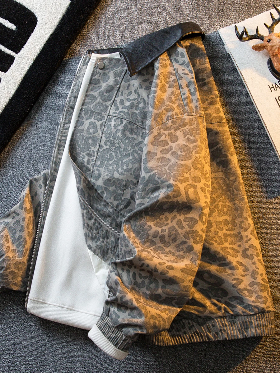 

Рабочая одежда с леопардовым принтом в стиле ретро, мужской повседневный топ, осенняя брендовая верхняя одежда, удобная длинная молния из полиэстера