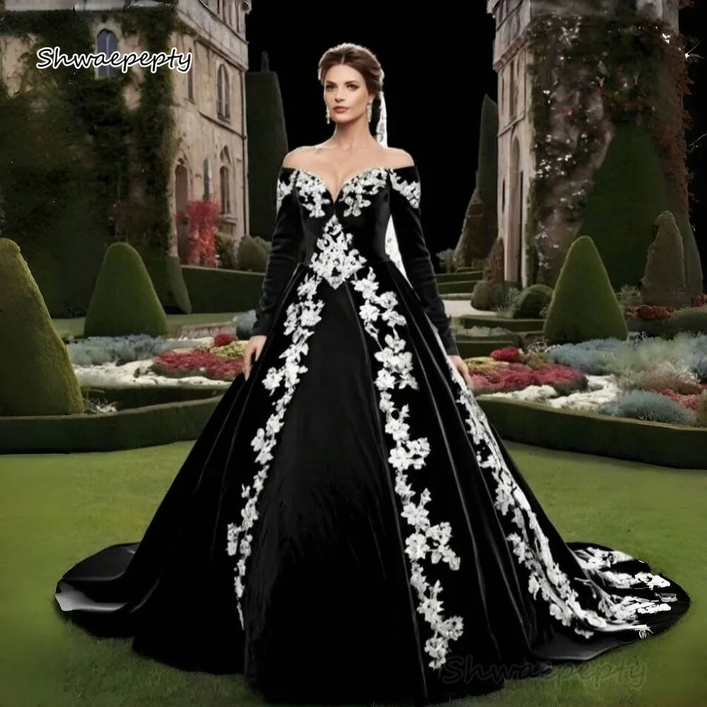 

Black White Gothic Wedding Dress Off-Shoulder Long Sleeve Ball Gown Vintage Bridal Customized Castel Vestidos De Novia