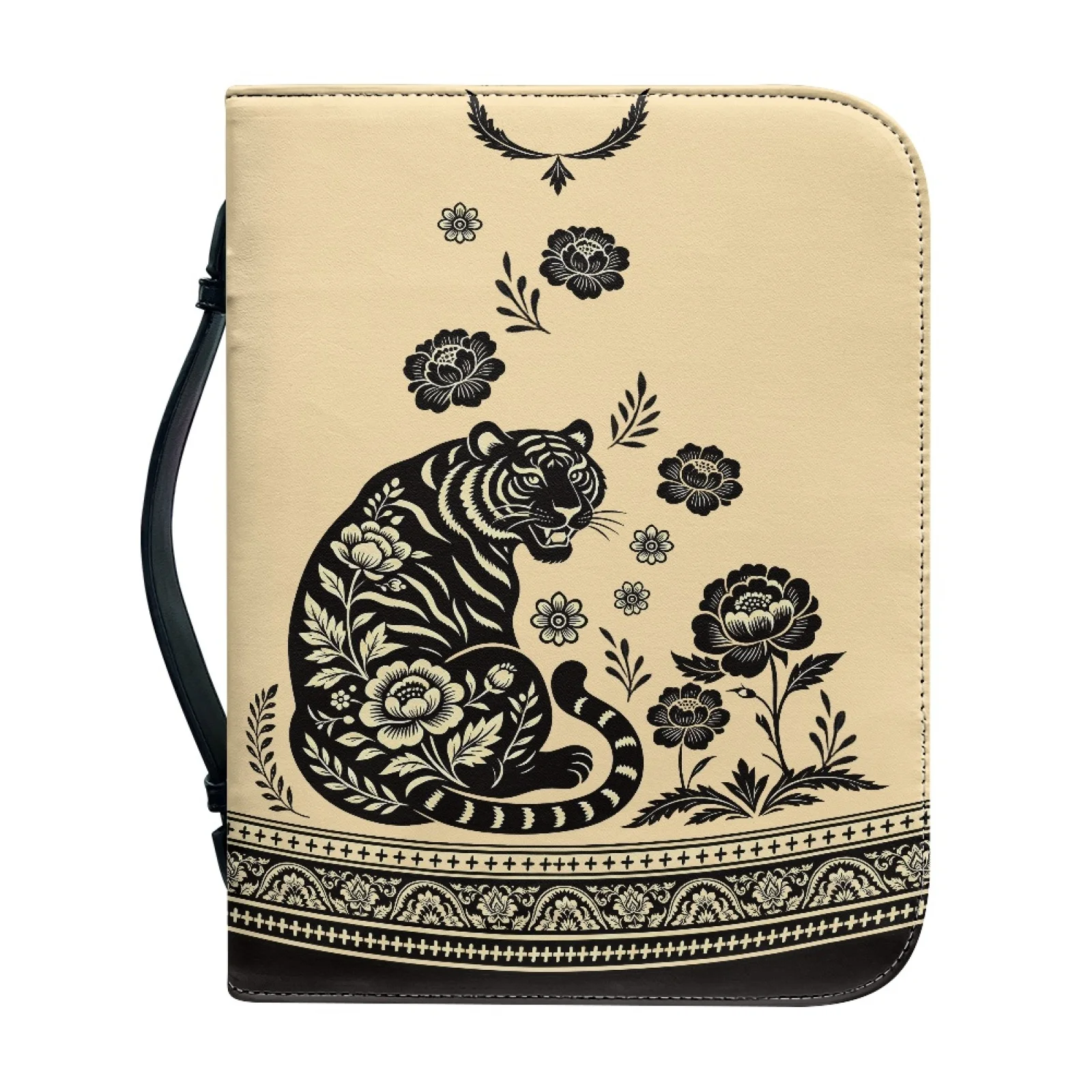 XIXIRIMIDO Tiger Floral Print 2026 Collection Zipper Bible Carrying Case Bag for Men PU Leather Church Bible Bag