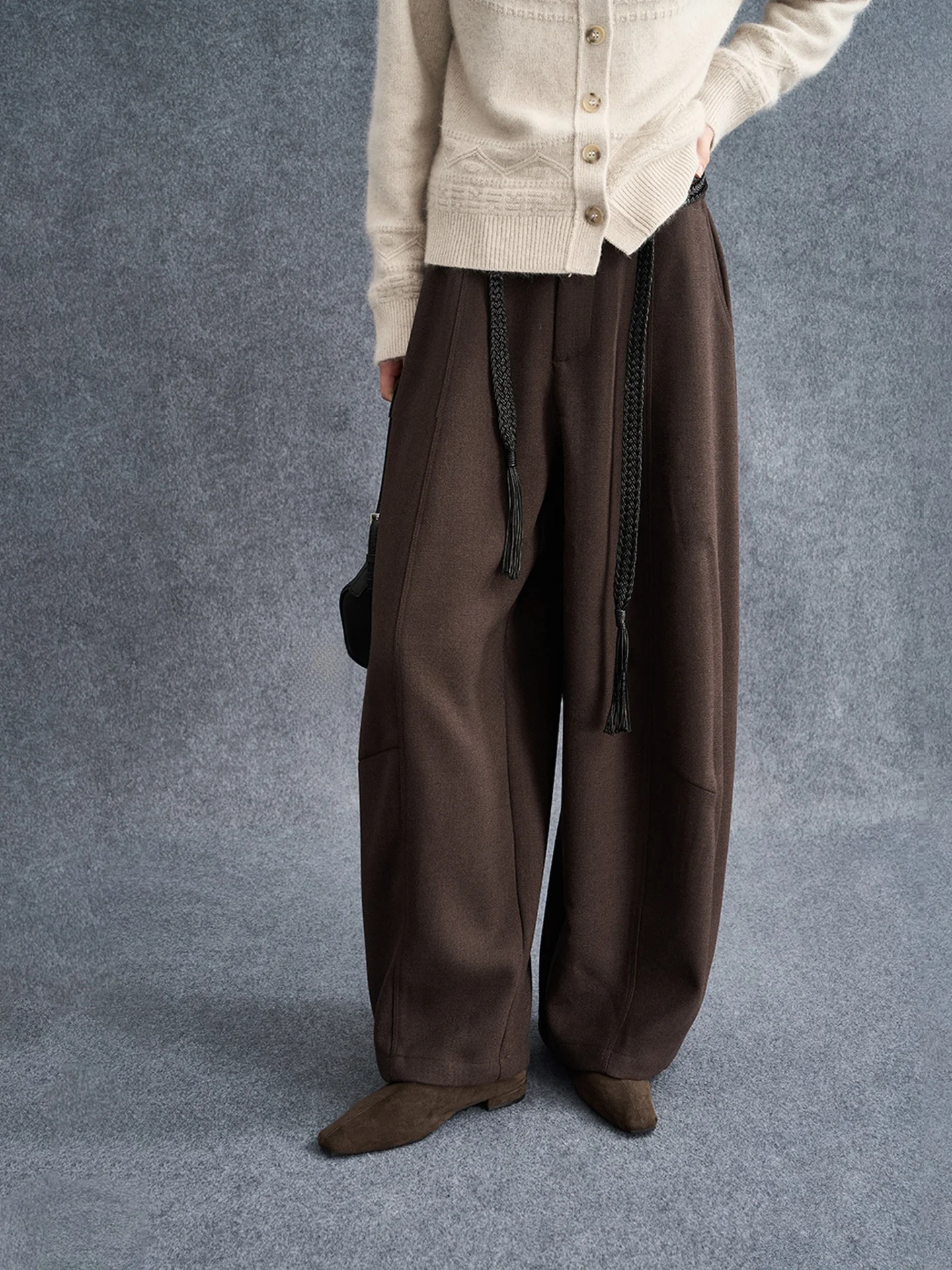 

Женские брюки Dan Ran Vintage с изогнутым кроем и широкими штанинами, осенне-зимние, с высокой талией, тканые, на шнурке, повседневные, с эффектом похудения