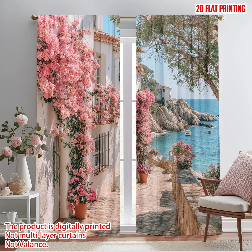 

2pcs 2D flat printing Window Curtains Charming Mediterranean Villa Coastal Scene Polyester Without Electricity Holiday