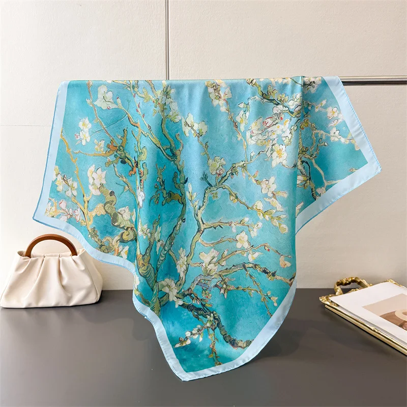 Elegant 70Cm Square Tree Printed Women Scarf Silk Satin Scarves Shawl Designer Headband Hijab Bandana Wrap Bufanda Lady