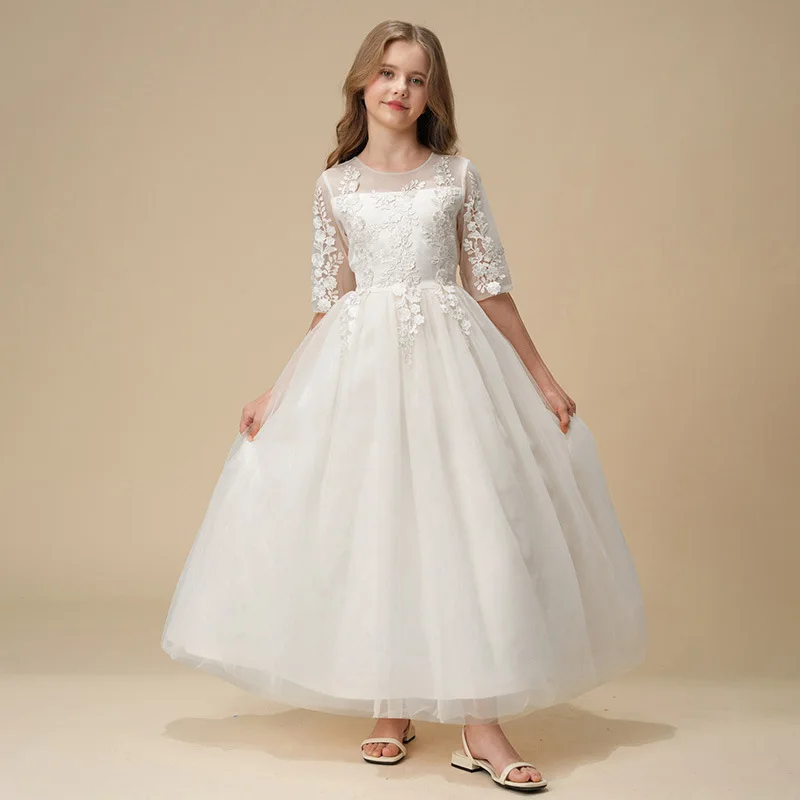 

Новое кружевное платье принцессы из сетчатой ткани с бантом для девочек